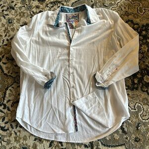 Robert Graham Mens 3XLT white Jacquard Sport Shirt Contrast blue Trim EUC